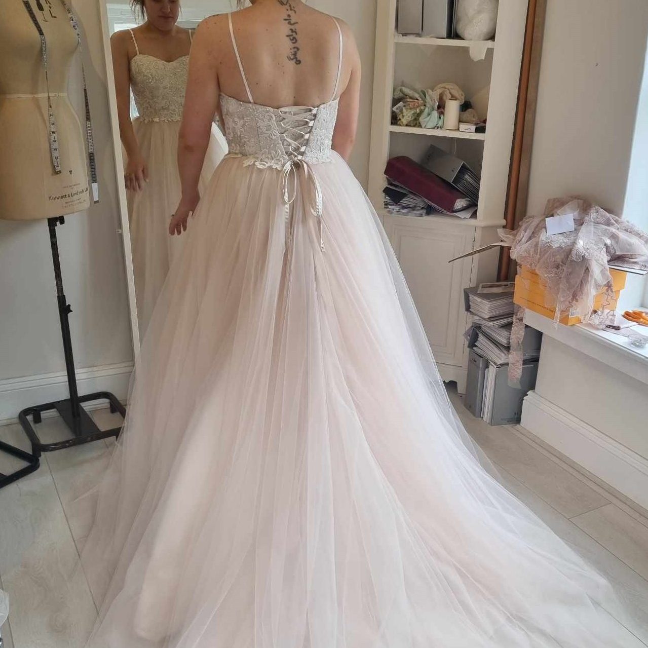 Hannah Wilkins-Webb Bespoke Wedding dress in Pink Silk, tulle and lace overlay